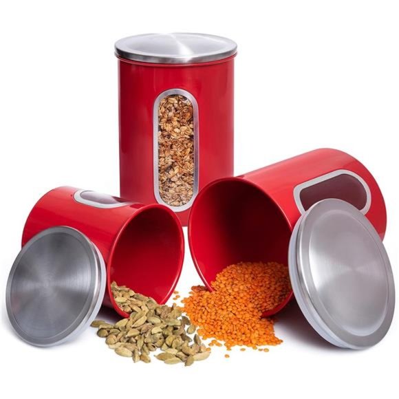 3 Piece Red Canisters Sets For The Kitchen, Kitchen Jars With See Through Window - Picture 4 of 7